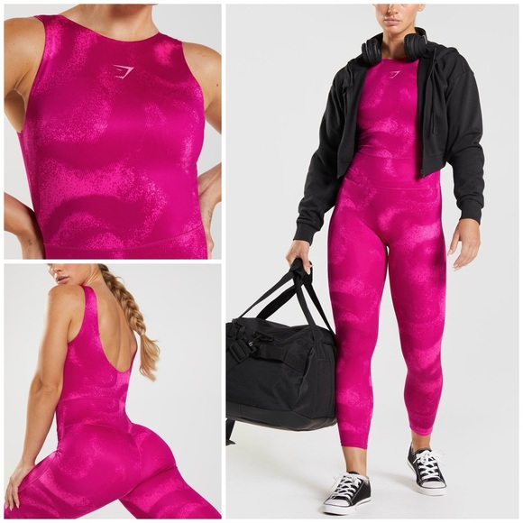 Gymshark GS Power Full Length All In One Sz S In Magenta Pink Print - Picture 2 of 10